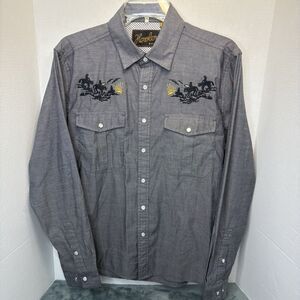 Howler Bros Western Shirt Mens S Grey Gaucho Pearl Snap Surf Cowboy Sunset Logo